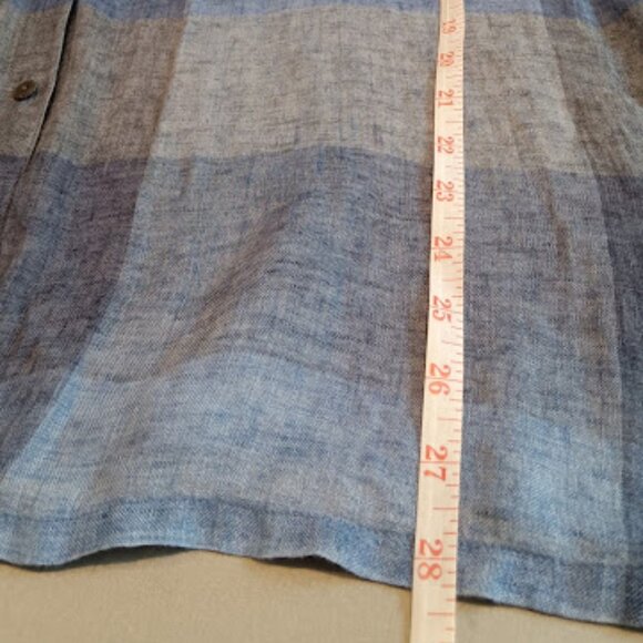VTG Doncaster Blouse Women's 14 100% Linen Blue Plaid Button Down Sheer Top - Picture 9 of 11